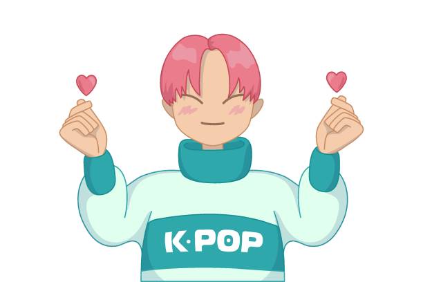 happy cheerful teen boy showing heart shaped sign with fingers. k-pop south korean popular music icon. asian idol singer. kpop army fan group. Isolated vector illustration on white.